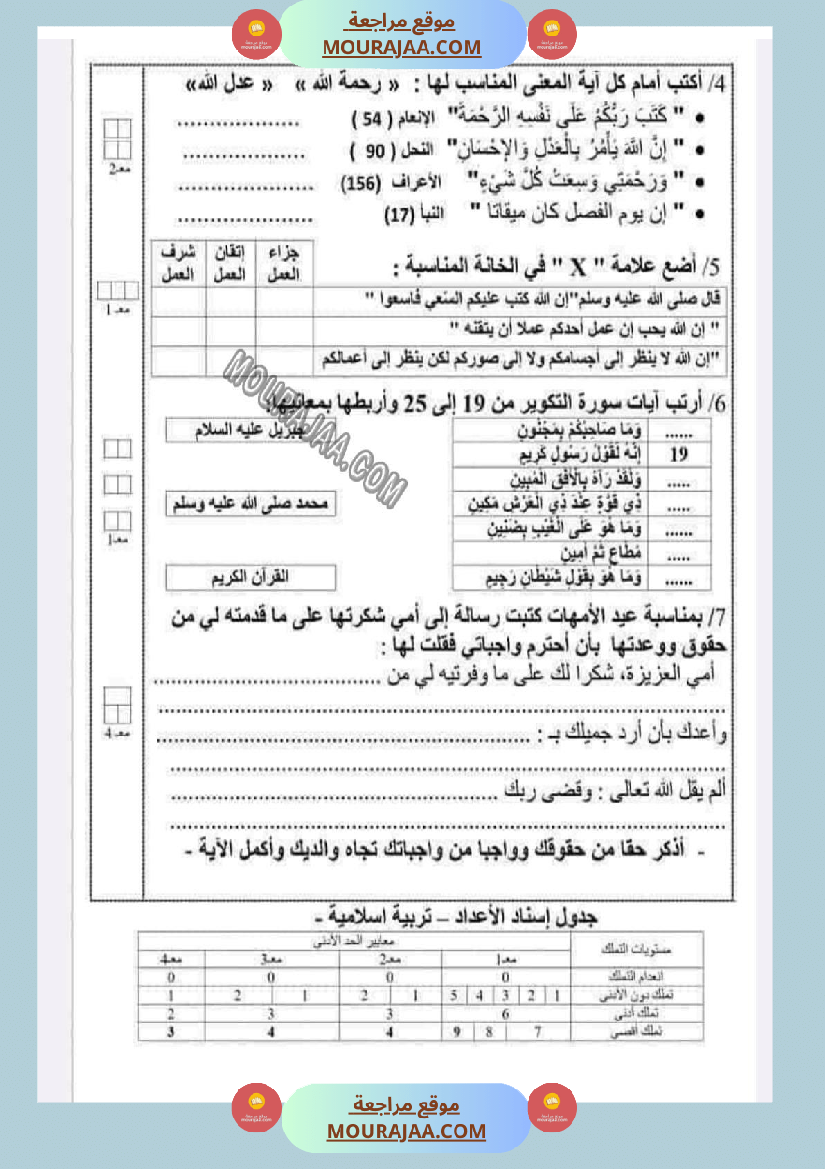 امتحانات التربية الاسلامية الثلاثي الاول السنة السادسة