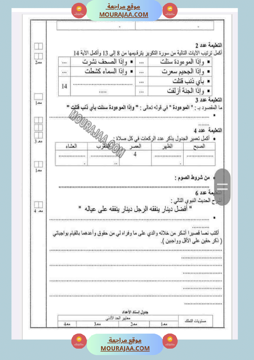 امتحانات التربية الاسلامية الثلاثي الاول السنة السادسة