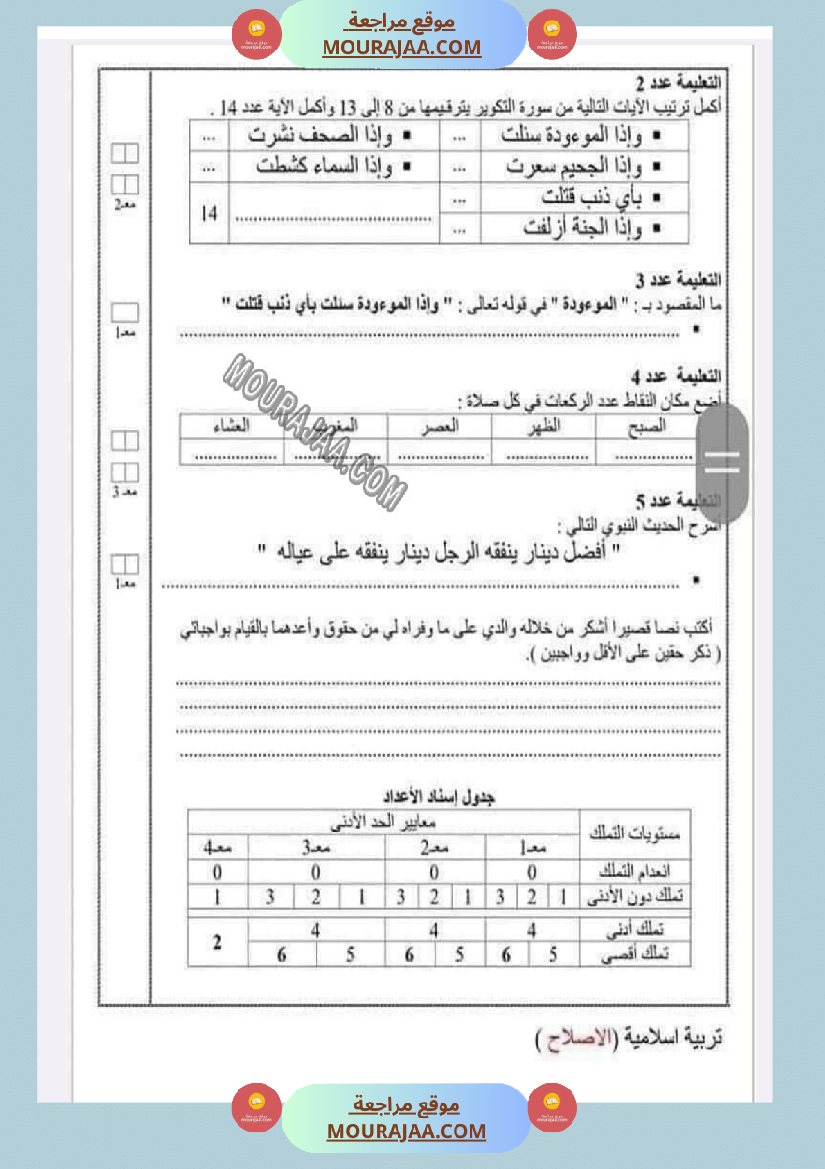 امتحانات التربية الاسلامية الثلاثي الاول السنة السادسة