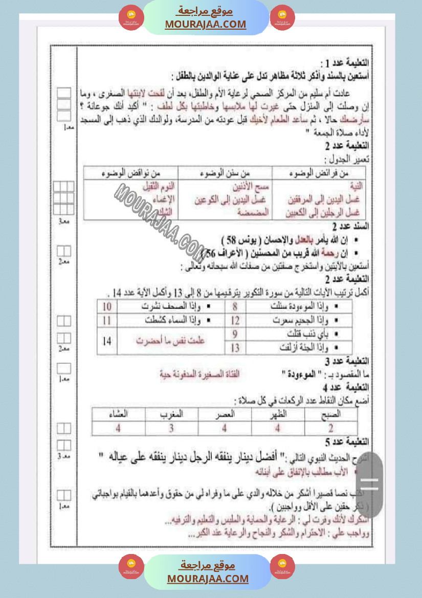 امتحانات التربية الاسلامية الثلاثي الاول السنة السادسة