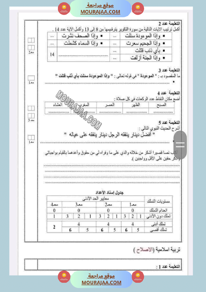 امتحانات التربية الاسلامية الثلاثي الاول السنة السادسة