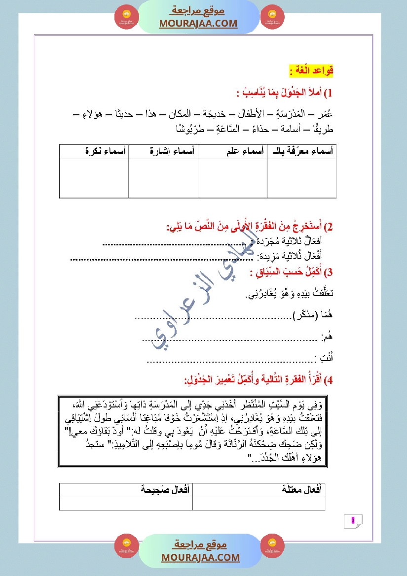 وضعية إدماجية رقم 02 في اللغة العربية للسنة الخامسة الوحدة الأولى بطريقة المناظرة