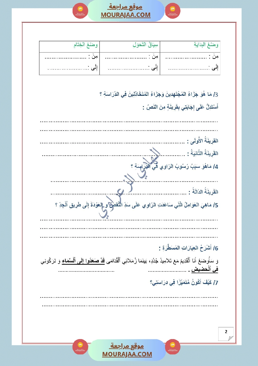 وضعية ادماجية في اللغة العربية للسنة 5 الوحدة الثالثة 3