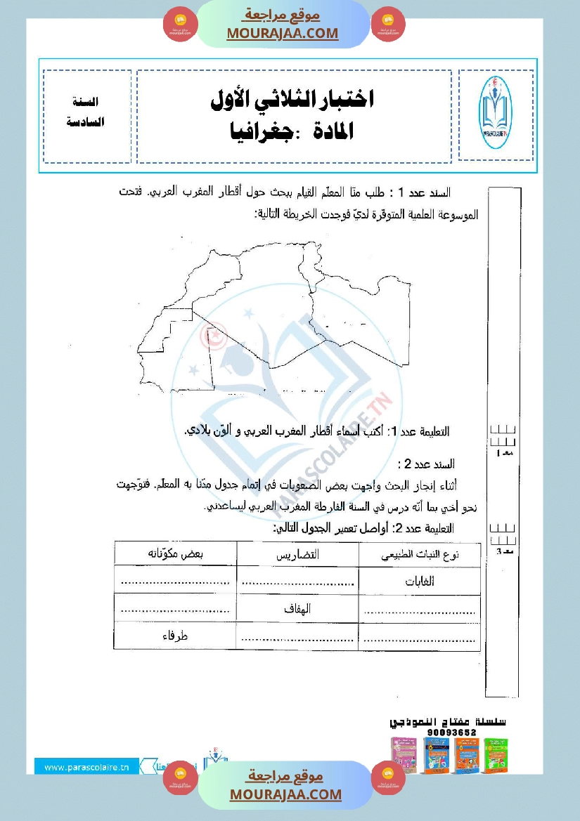 إمتحانات سنة سادسة ابتدائي حغرافيا الثلاثي الأول