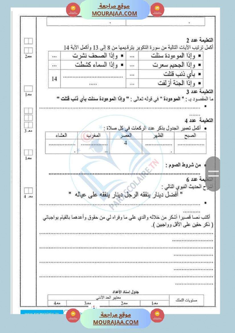 إمتحانات سنة سادسة ابتدائي تربية اسلامية الثلاثي الأول