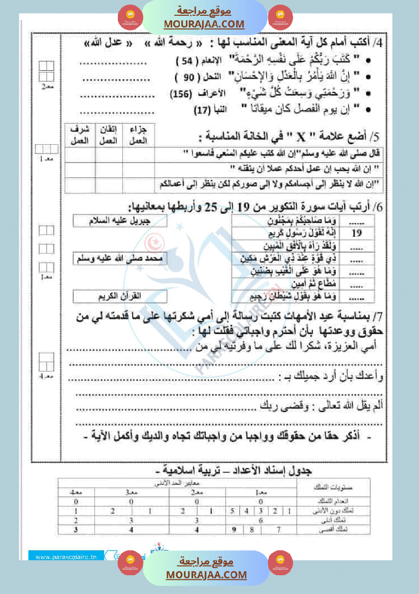 إمتحانات سنة سادسة ابتدائي تربية اسلامية الثلاثي الأول