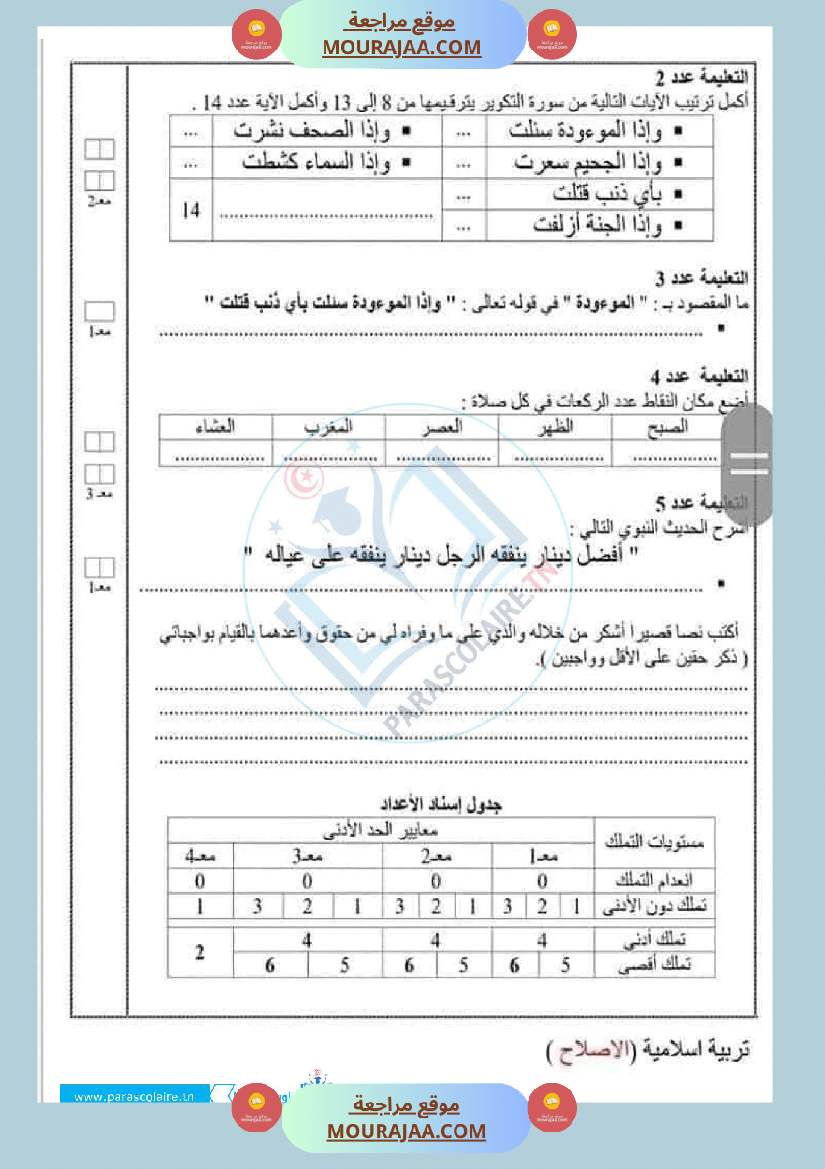 إمتحانات سنة سادسة ابتدائي تربية اسلامية الثلاثي الأول