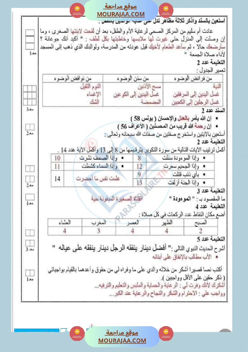 إمتحانات سنة سادسة ابتدائي تربية اسلامية الثلاثي الأول