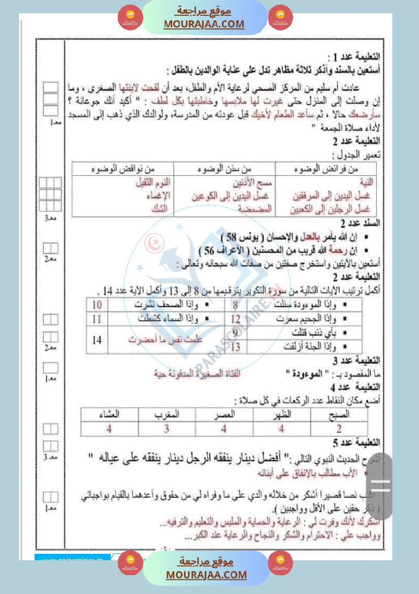 امتحانات الثلاثي الاول سنة سادسة اسلامية