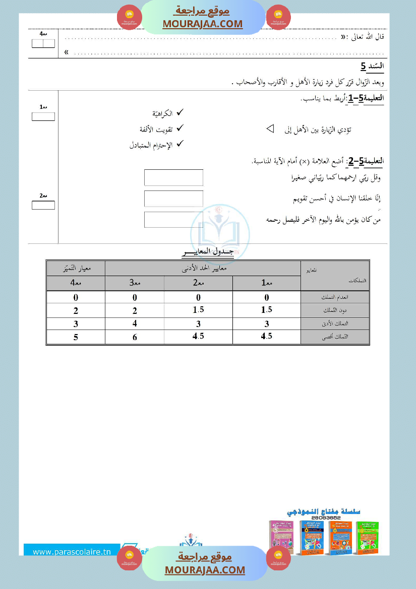 إمتحان سنة ثالثة ابتدائي تربية إسلامية الثلاثي الأول