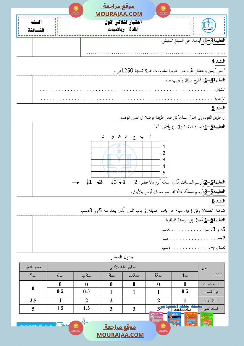 إمتحان سنة ثالثة ابتدائي في رياضيات الثلاثي الأول 