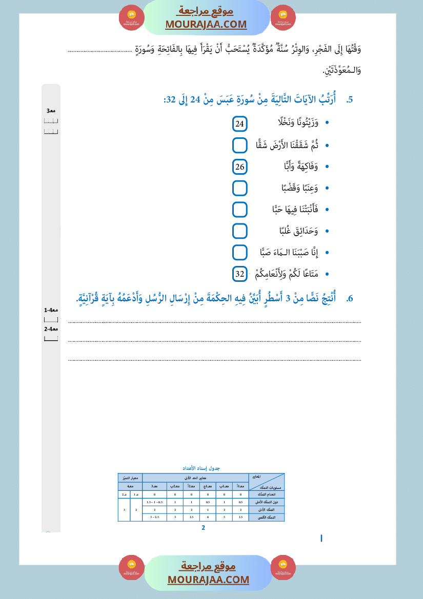امتحان تربية اسلامية سنة السادسة الثلاثي الثاني