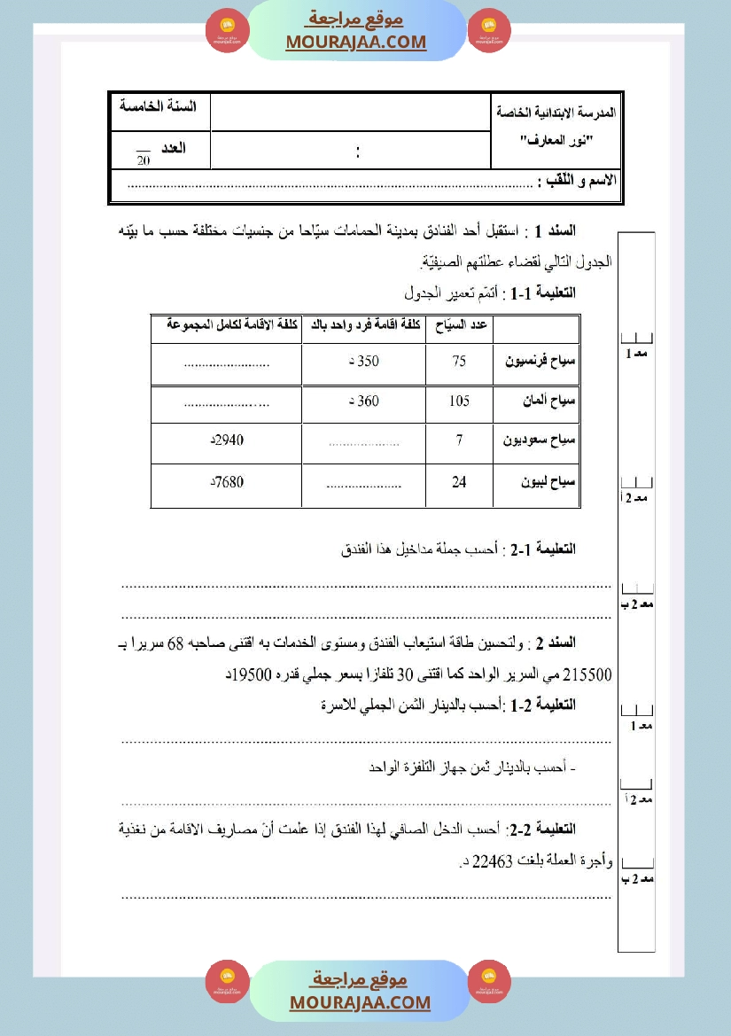 امتحانات رياضيات السنة الخامسة الثلاثي الأول