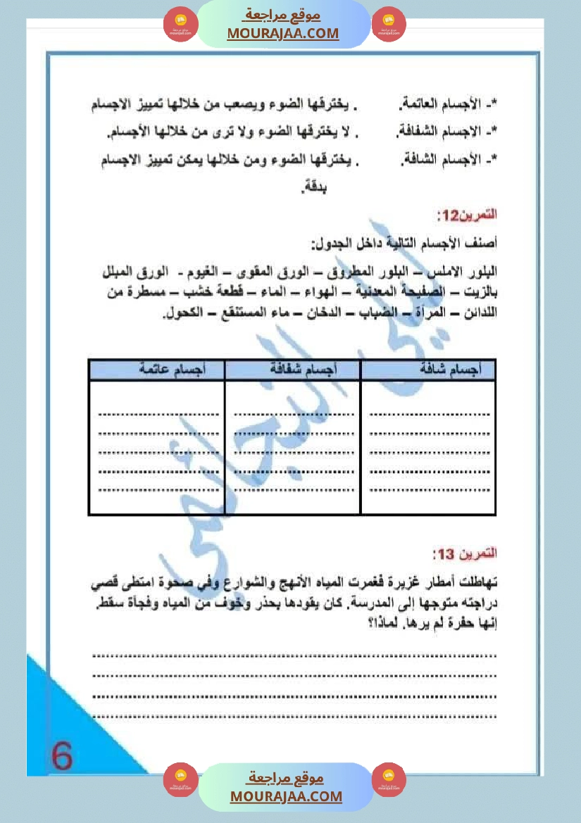 تمارين حول محور الضوء السنة الخامسة صفحة 6