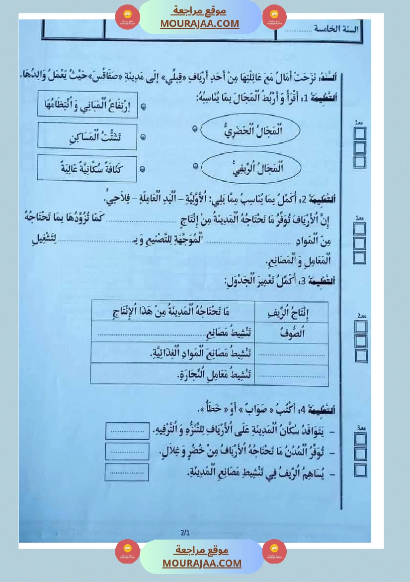 امتحان الجغرافية سنة خامسة ابتدائي ثلاثي الثالث 
