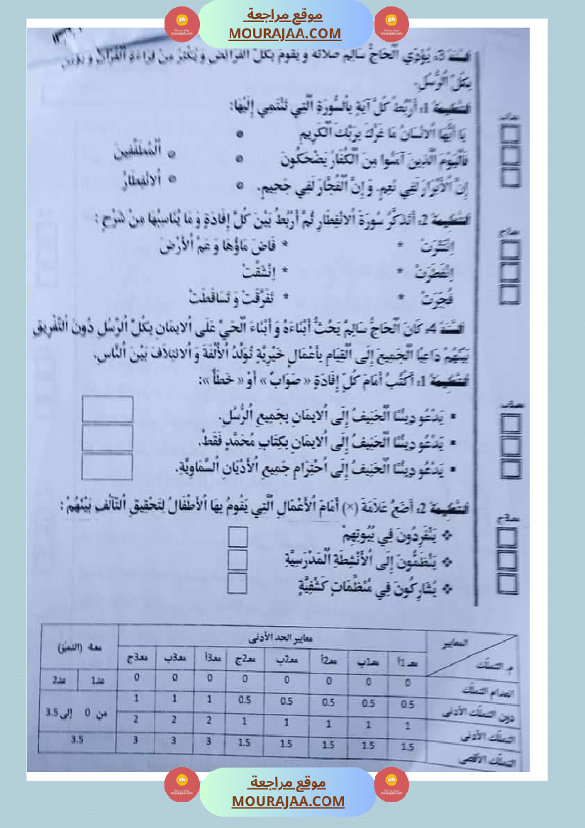 امتحان تربية الإسلامية سنة خامسة ابتدائي ثلاثي الثالث 1