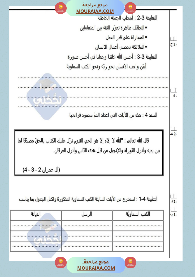 امتحانات تربية إسلامية سنة خامسة ابتدائي ثلاثي الثالث 