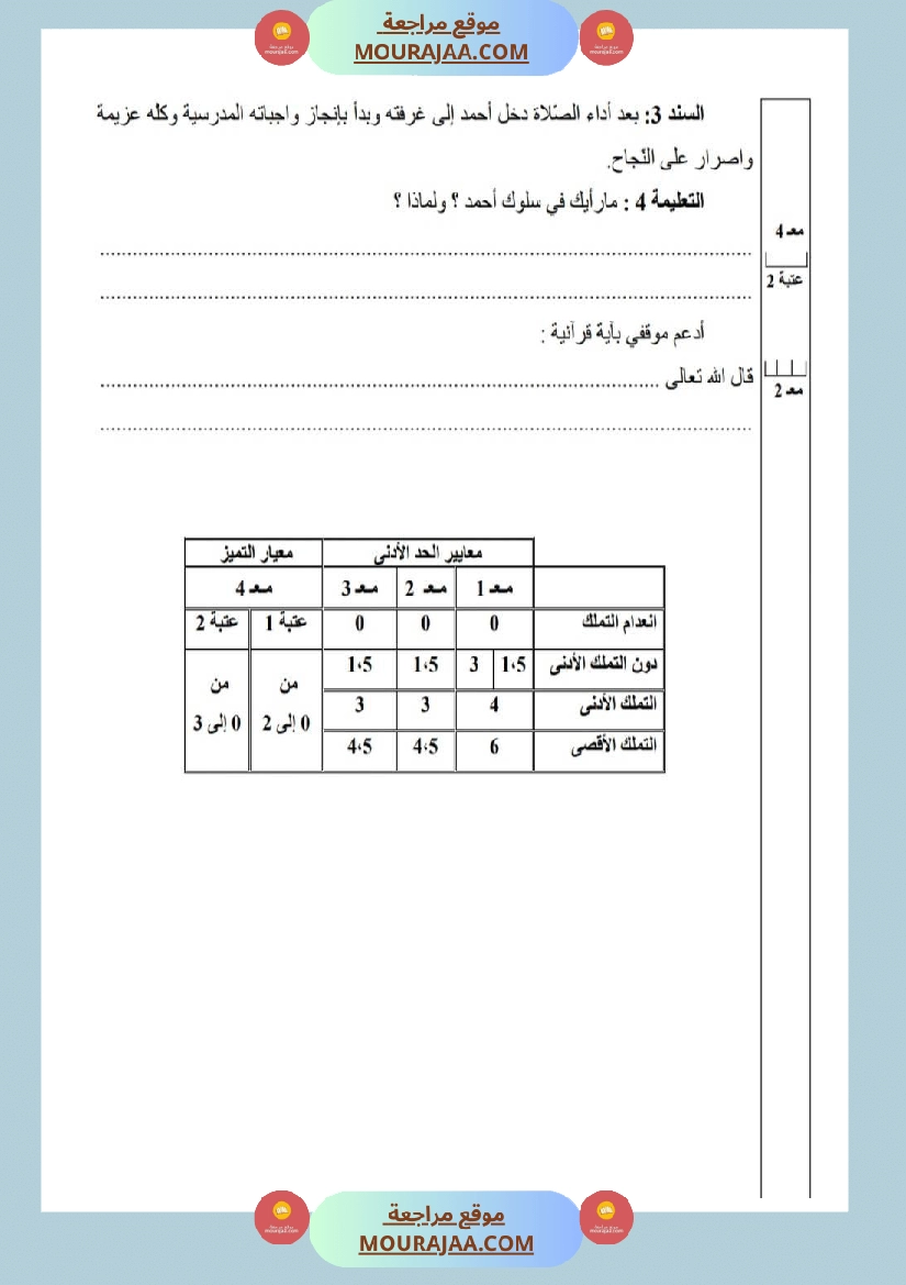 امتحانات تربية إسلامية سنة ثالثة ثلاثي الثالث  صفحة 2