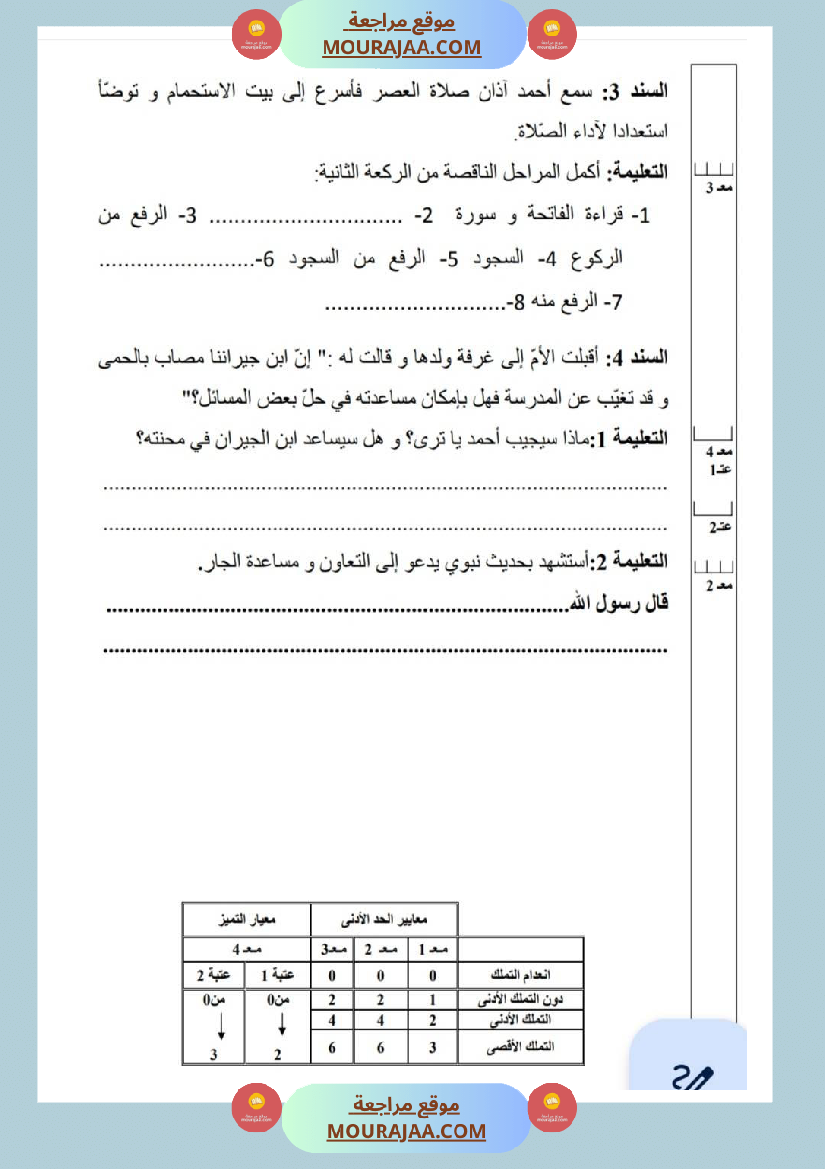 امتحانات تربية إسلامية سنة ثالثة ثلاثي الثالث 