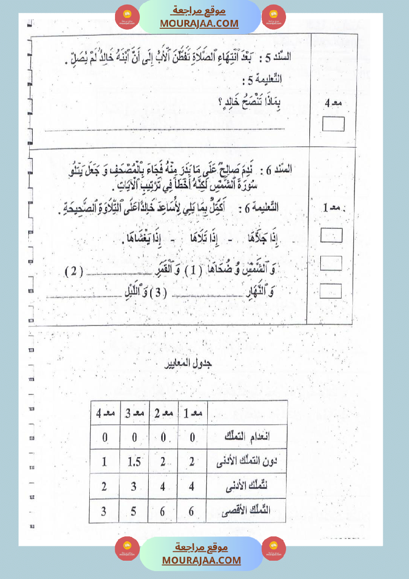 امتحانات تربية إسلامية سنة ثالثة ثلاثي الثالث 