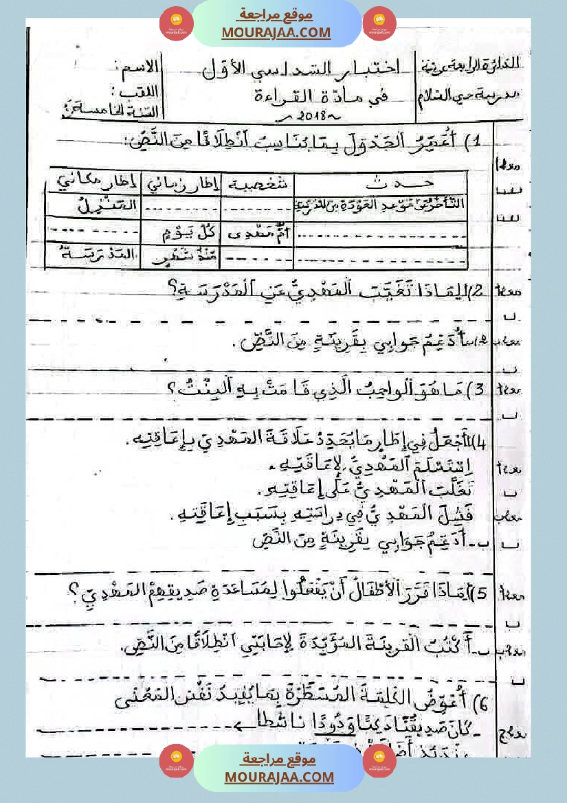 امتحانات سنة خامسة قراءة لغة إنتاج كتابي صفحة 5