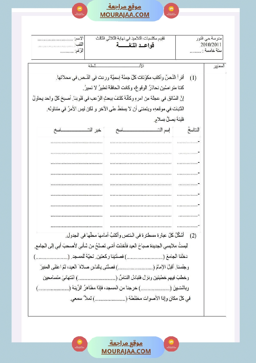 سنة خامسة امتحانات في قواعد لغة الثلاثي الاول صفحة 5