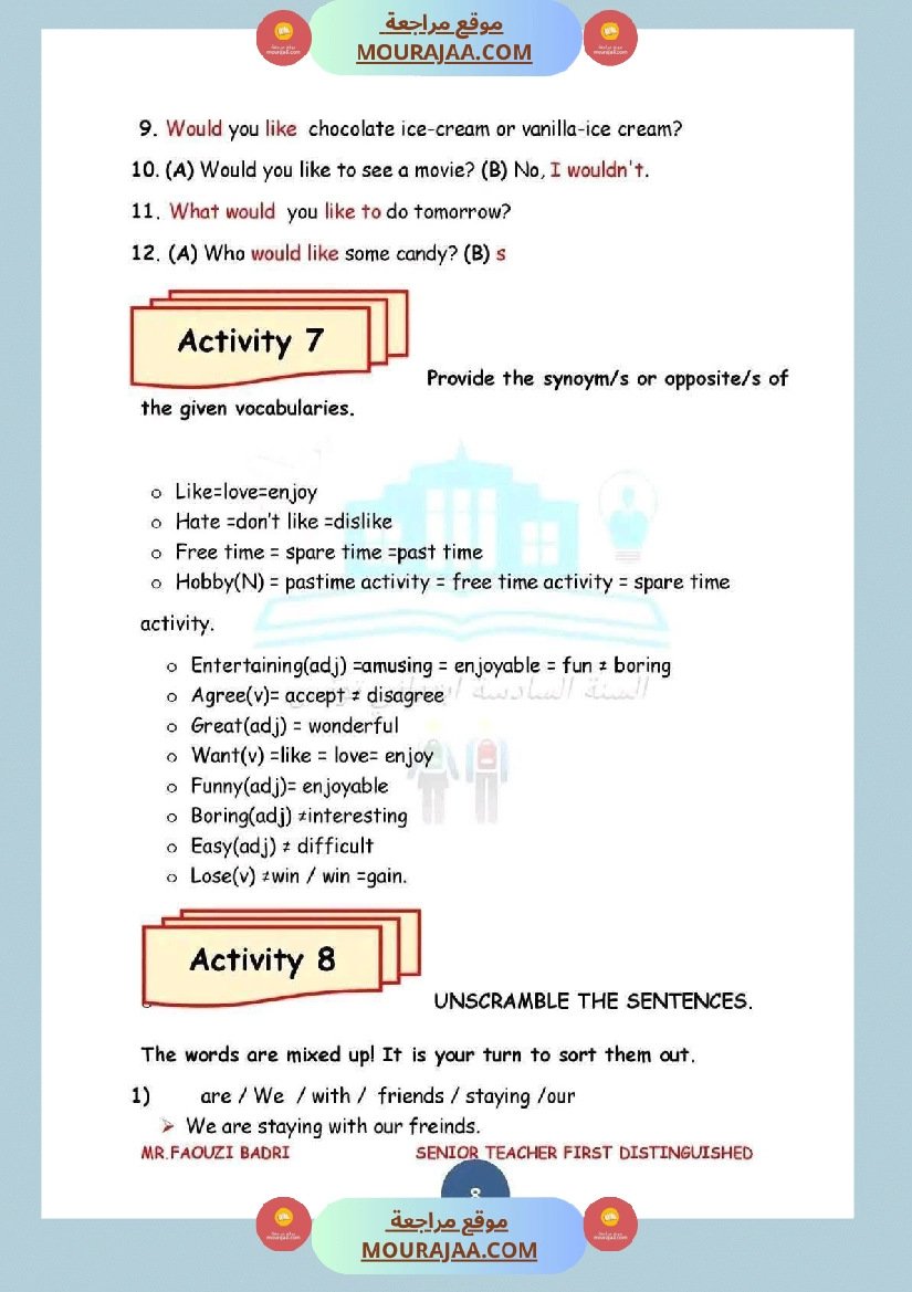 إنجليزية للسنة السادسة المحور الاول  صفحة 9