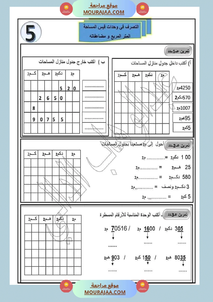 رياضيات سنة خامسة التصرف في وحدات قيس المساحة المتر مربع