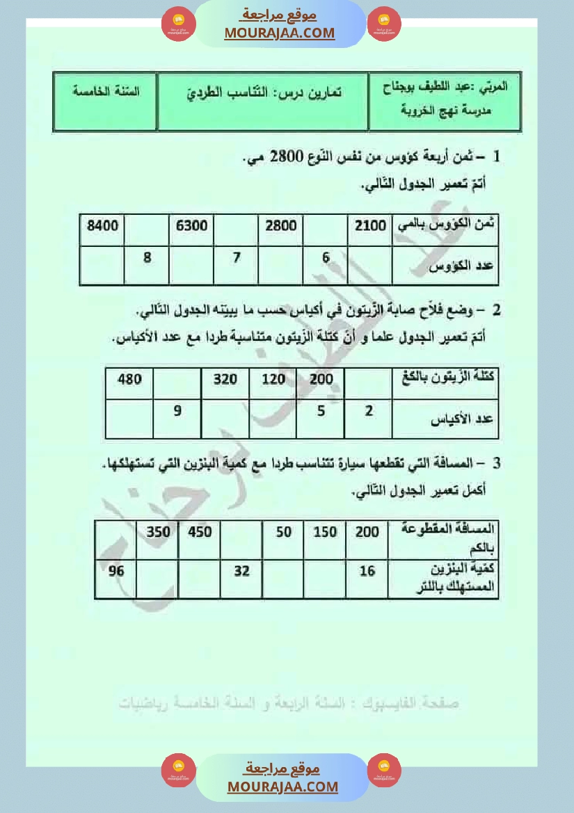 رياضيات لعباقرة السنة الخامسة التناسب الطردي