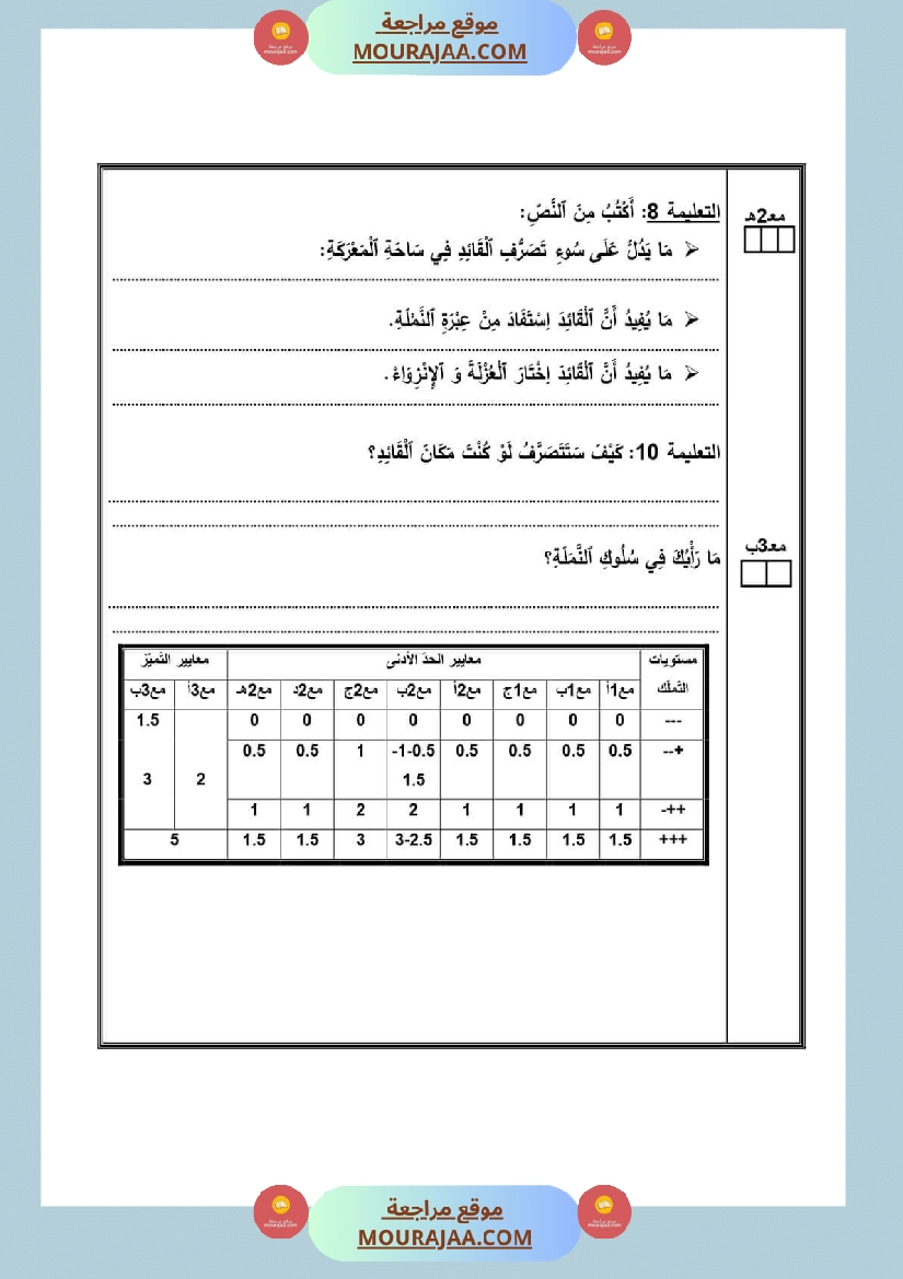امتحان سنة رابعة ابتدائي قراءة الثلاثي الثاني