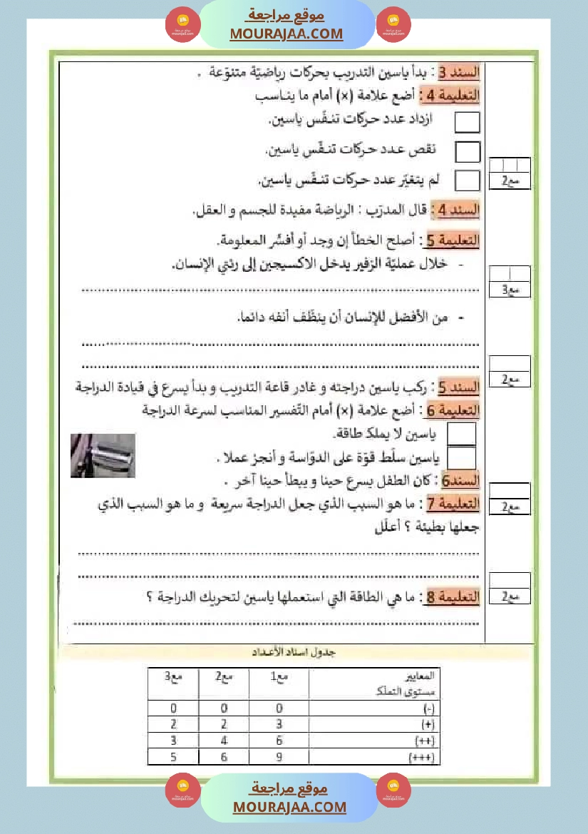 امتحان سنة ثالثة ابتدائي ايقاظ علمي الثلاثي الثاني