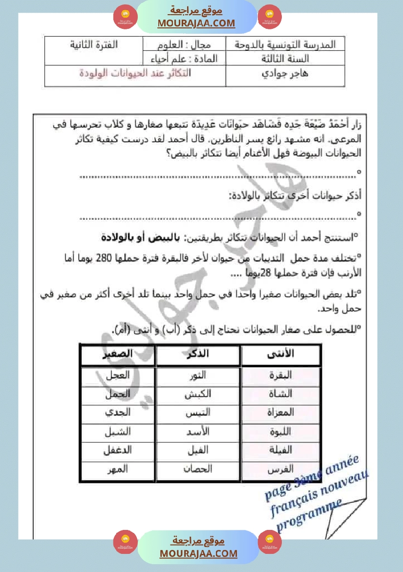 امتحان سنة ثالثة ابتدائي ايقاظ علمي الثلاثي الثاني