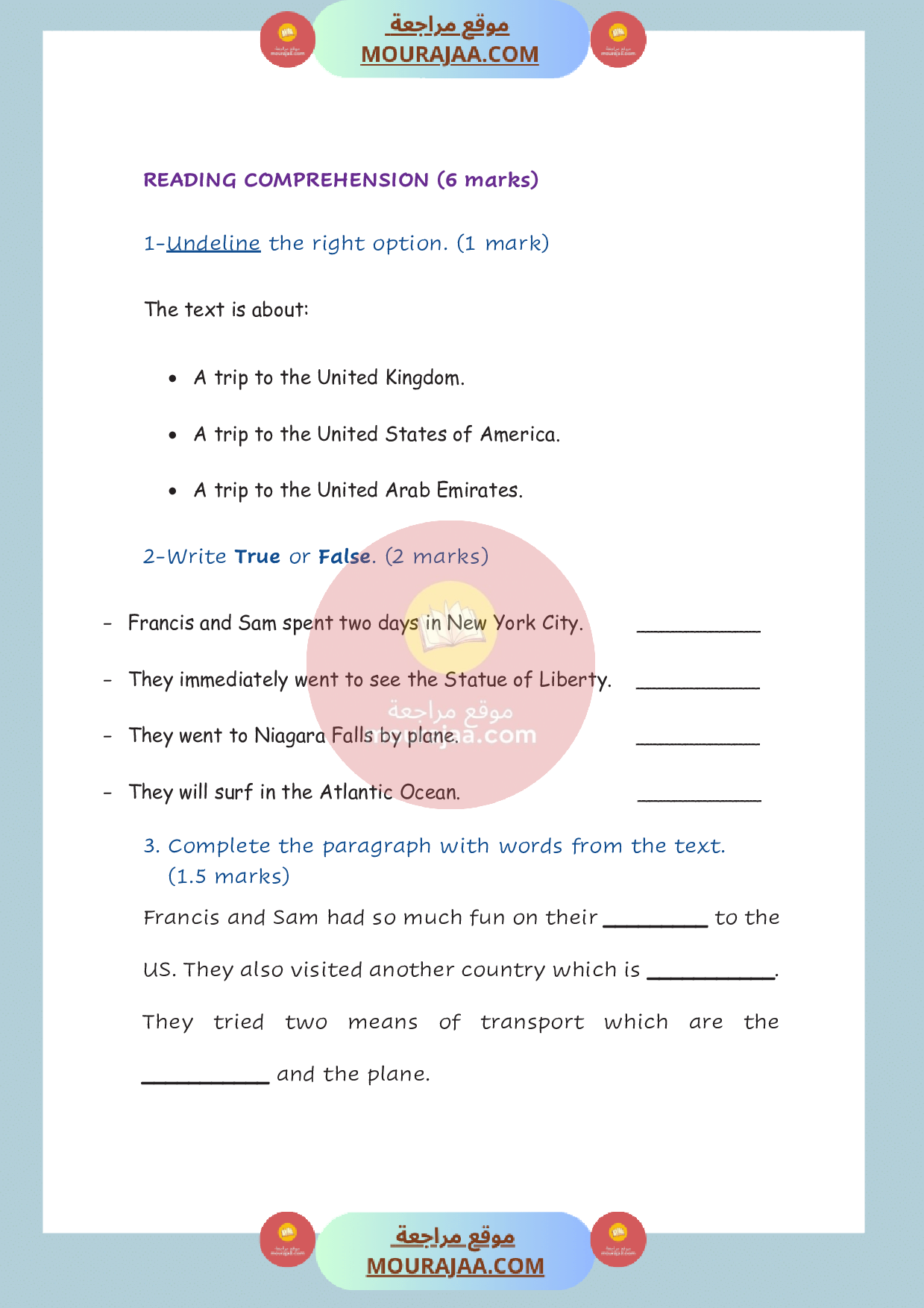 امتحان في انقليزية سنة السادسة الثلاثي الثالث صفحة 2
