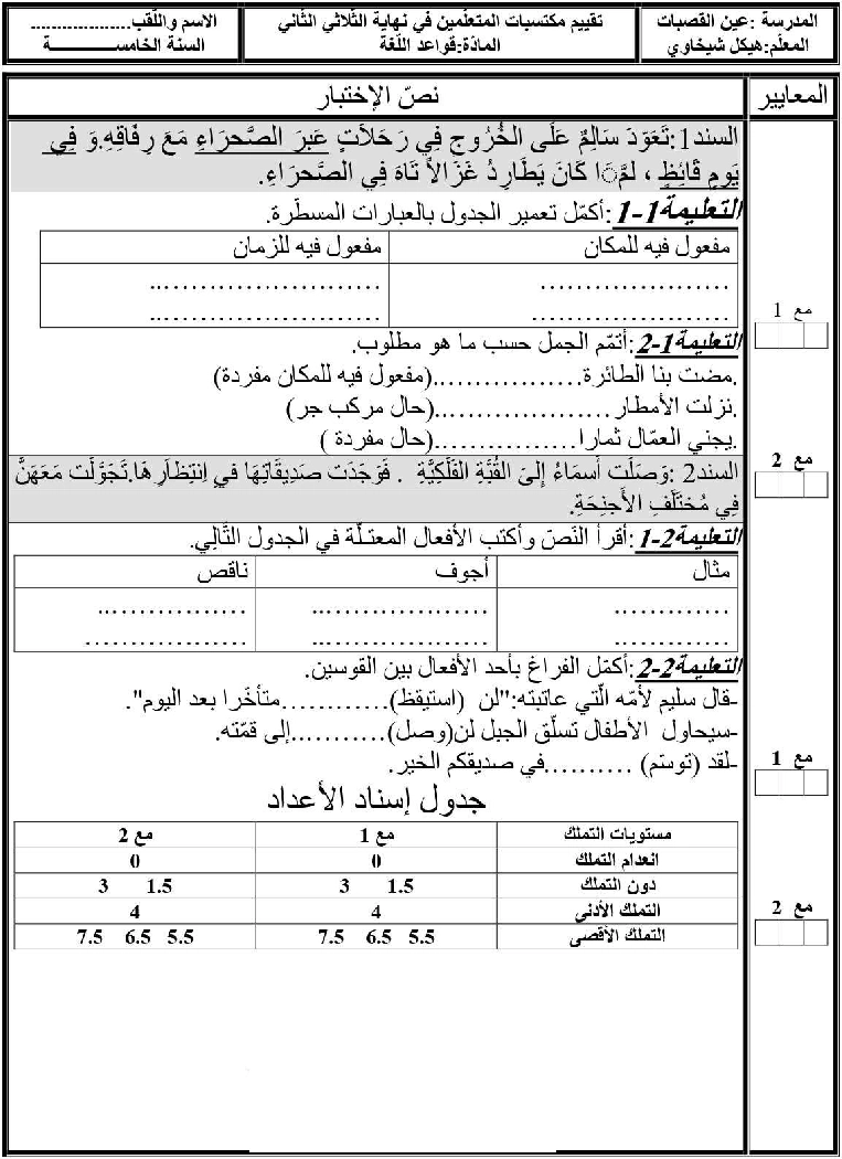 امتحان قواعد اللغة سنة الخامسة الثلاثي الثاني5