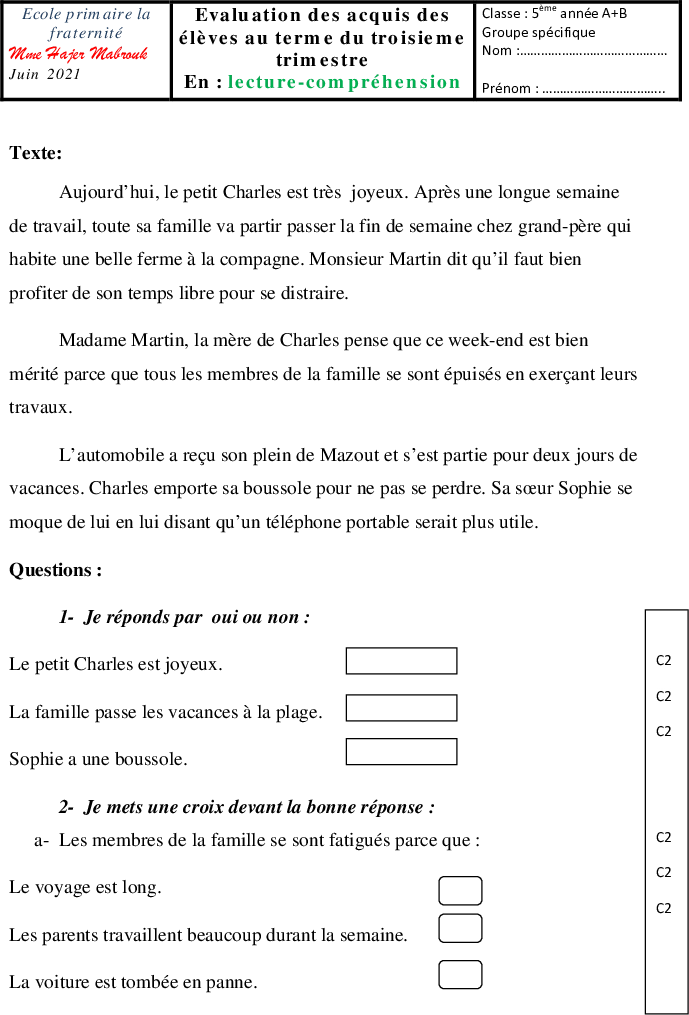 evaluation lecture 3eme trismetre1