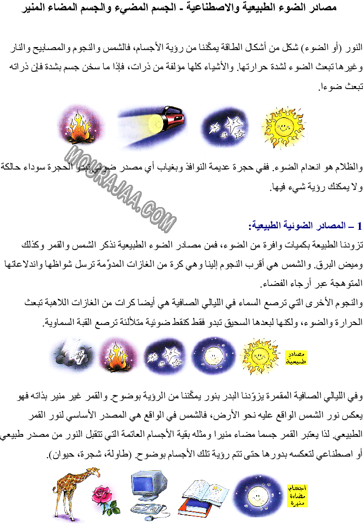 مصادر الضوء الطبيعية والاصطناعية - الجسم المضيء والجسم المضاء المنير صفحة 1