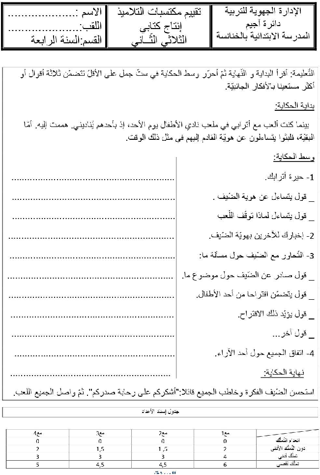 امتحان انتاج كتابي السنة الرابعة اثلاثي الثاني8 صفحة 1