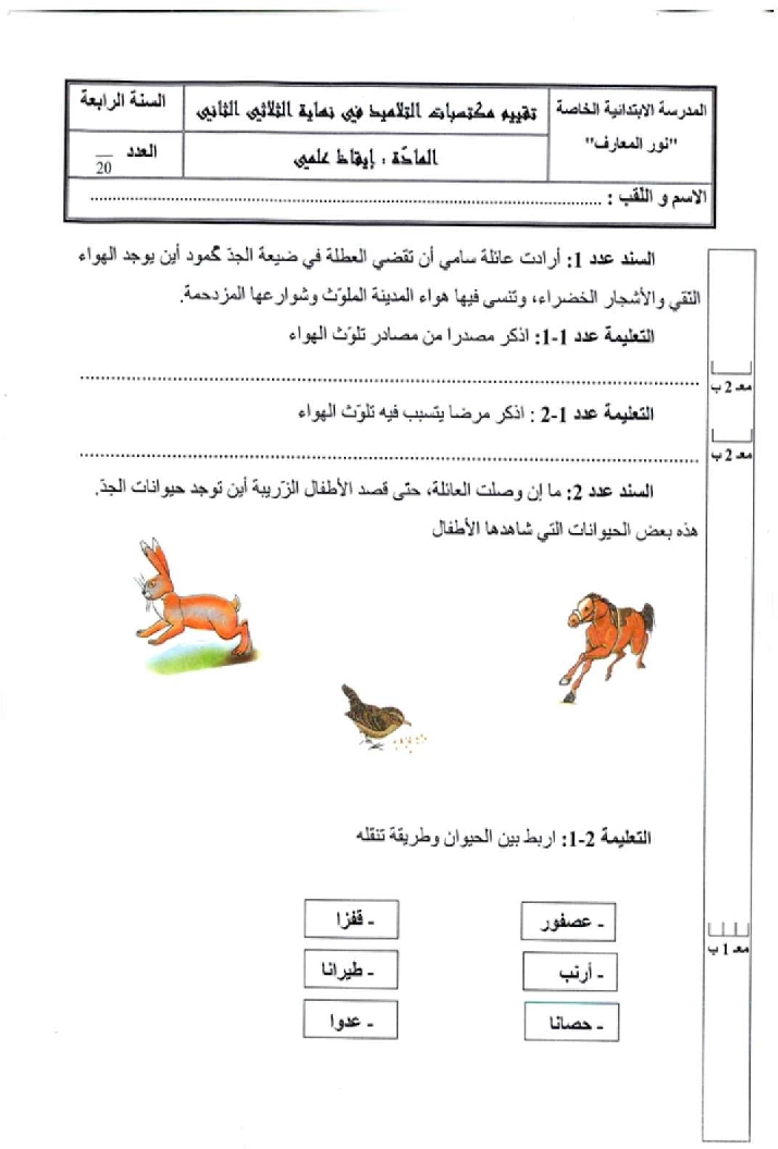 امتحان ايقاظ علمي سنة الرابعة الثلاثي الثاني