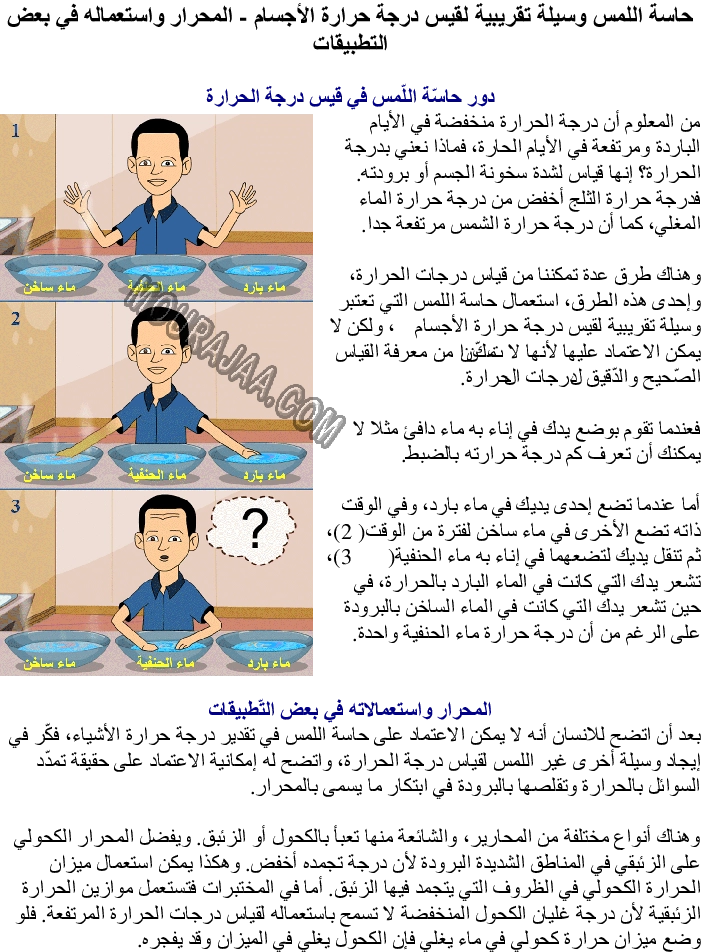 حاسة اللمس وسيلة تقريبية لقيس درجة حرارة الأجسام - المحرار واستعماله في بعض التطبيقات