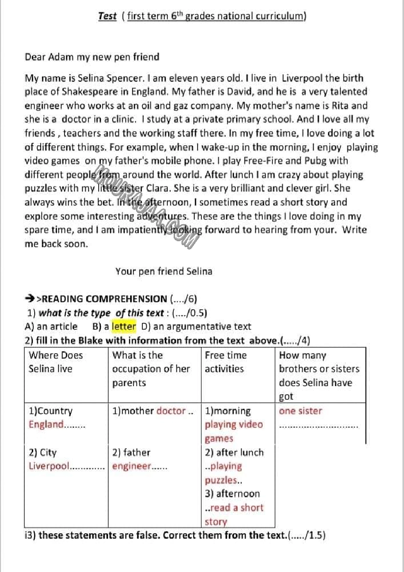 evaluation anglais 6eme 1tr avec correction 2022-7