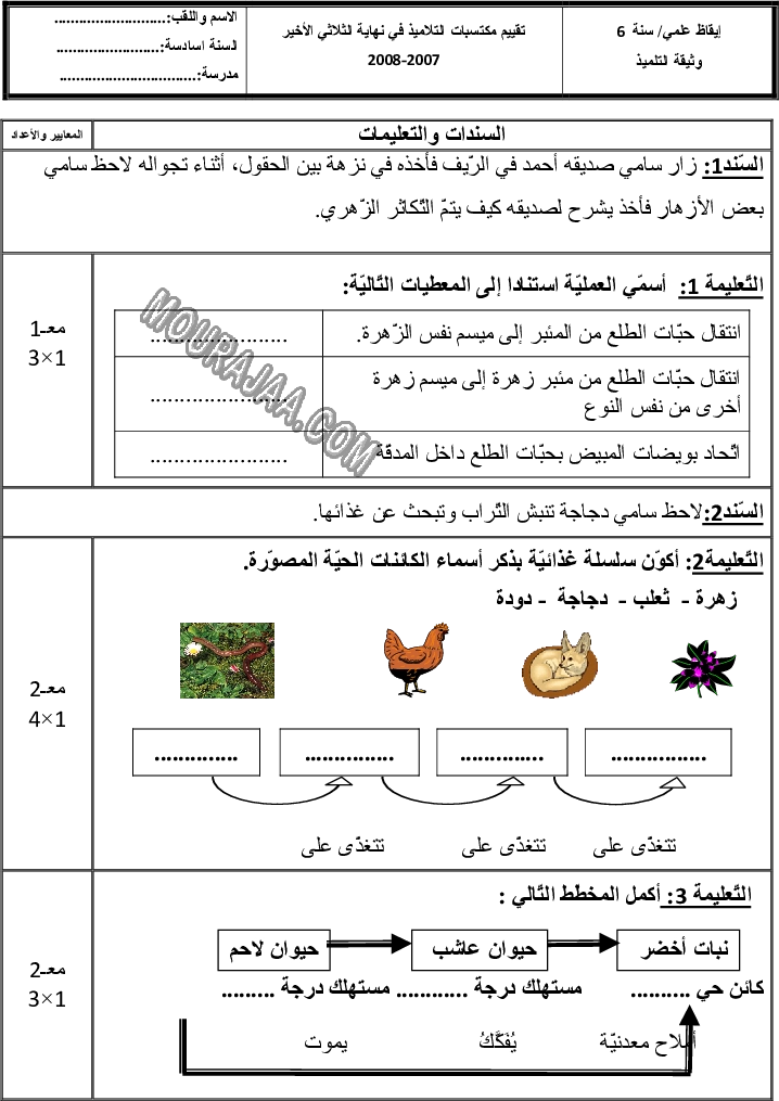 امتحان ايقاظ علمي سنة سادسة الثلاثي الثالث 