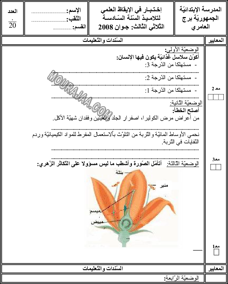 امتحان ايقاظ علمي سنة سادسة الثلاثي الثالث 