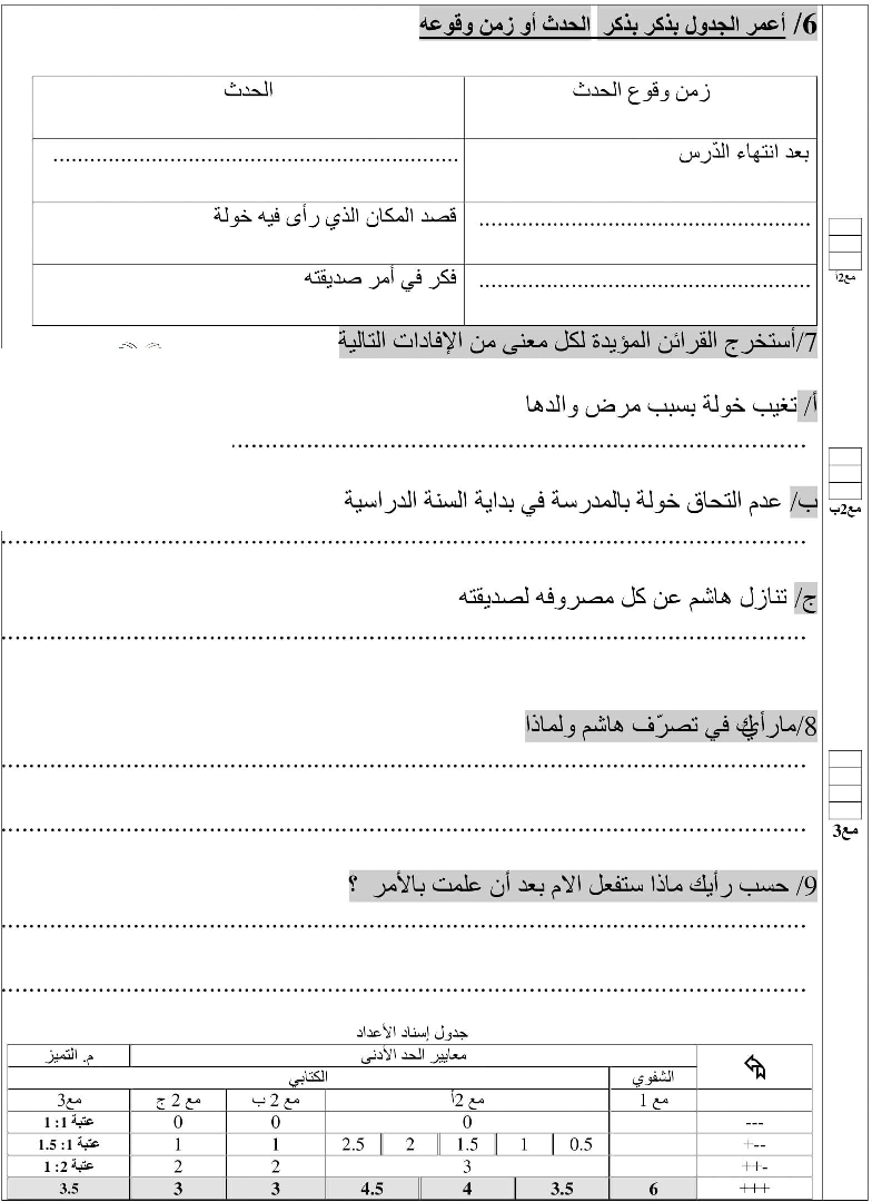 امتحانات قراءة و فهم سنة ثالثة الثلاثي الثاني7 صفحة 3