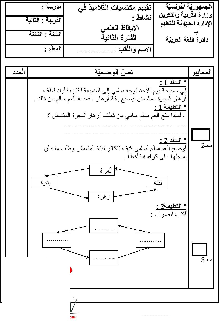 امتحان في الايقاظ العلمي سنة الثالثة الثلاثي الثاني11 صفحة 1