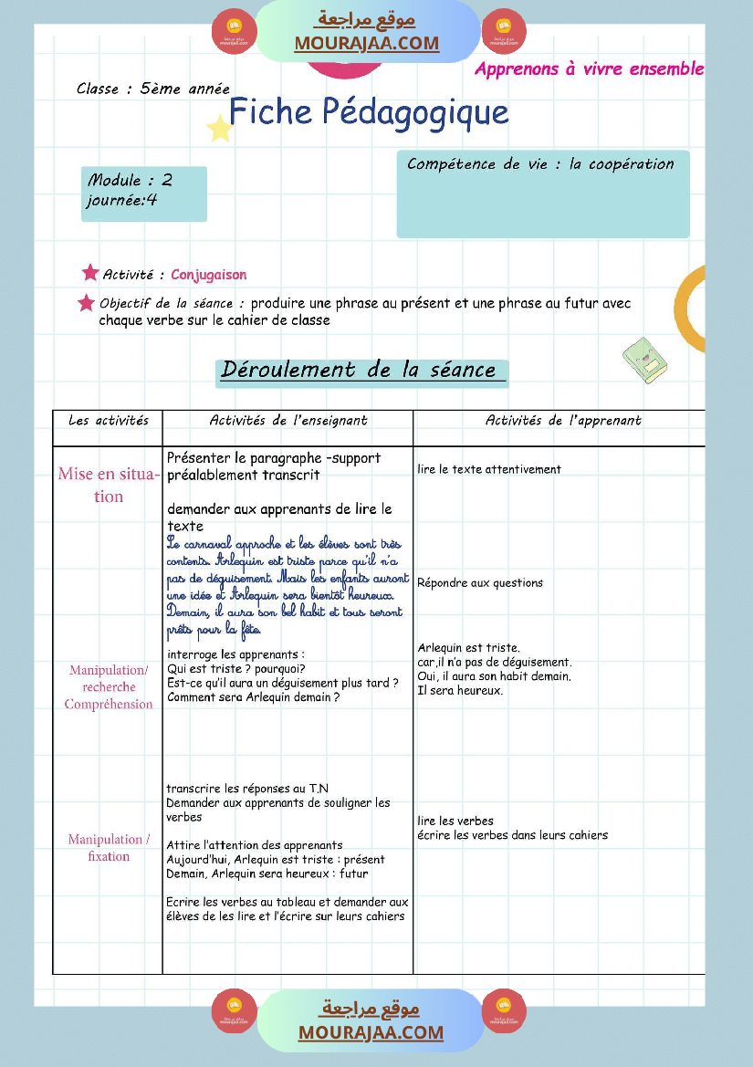 5eme annee fiche pedagogique conjugaison module 2 journee 4